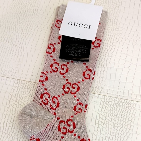 Brand New Gucci GG Glitter Socks Taupe with Red GG Pattern - Picture 4 of 9